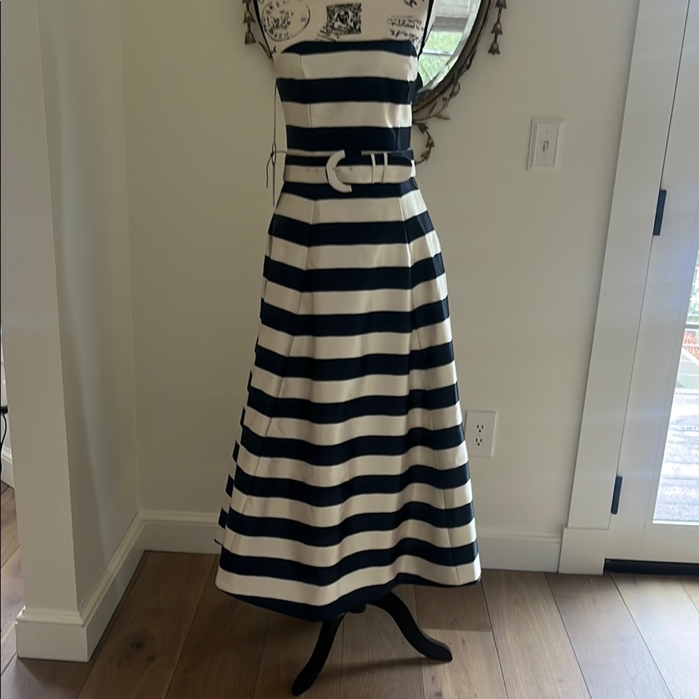 NWT NICHOLAS Asia strapless maxi dress with belt. Navy/White stripe.